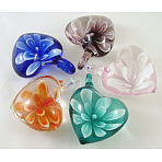 Lampwork Pendants, Heart, Inner Flower, Mixed Color, 32mm wide, 40~42mm long, hole: 5mm(X-DP050Y)