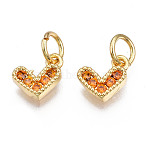 Brass Micro Pave Cubic Zirconia Charms, with Jump Ring, Heart, Real 16K Gold Plated, Nickel Free, Red, 8x8x2mm, Jump Ring: 5x1mm, 3mm inner diameter(KK-N227-33G-02-NF)