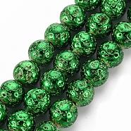 Electroplated Natural Lava Rock Beads Strands, Round, Bumpy, Green, 8~8.5mm, Hole: 1mm, about 46pcs/strand, 14.5 inch(G-T098-01C-02)