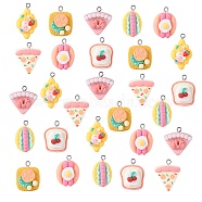 28Pcs 7 Styles Opaque Resin Pendants, with Platinum Tone Iron Loops, Imitation Food Charm, Cookie & Pizza & Croissant & Hot Dog & Bread & Cake, Mixed Color, 24~30x16.5~24x7~11mm, Hole: 2.2mm, 4pcs/style(RESI-SZ0002-03)