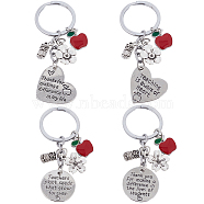 Gorgecraft 4Pcs 4 Style Teachers' Day Flat Round & Heart with Word Keychain, Apple & Flower & Owl Charm Jewelry Keychains, with Zinc Alloy Findings, Antique Silver, 7.9~8.3cm, 1pc/style(KEYC-GF0001-10)