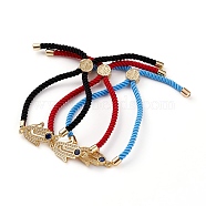 Adjustable Nylon Twisted Cord Slider Bracelets Sets, Link Bracelets, with Brass Micro Pave Cubic Zirconia Links and Brass Beads, Hamsa Hand, Golden, Mixed Color, Inner Diameter: 1/4~2-3/8 inch(0.7~6cm), 3pcs/set(BJEW-JB05858)