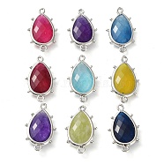 Dyed Natural Jade Connector Charms, with Platinum Plated Brass Edge Loops, Faceted, Teardrop, 24x14.5x5mm, Hole: 1.2mm & 1.4mm(G-G012-05P-D)