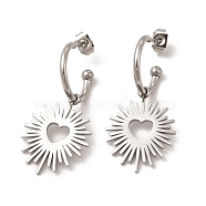 304 Stainless Steel Ring with Heart Dangle Stud Earrings, Half Hoop Earrings for Women, Stainless Steel Color, 32mm, Pin: 0.8mm(EJEW-P219-01P)