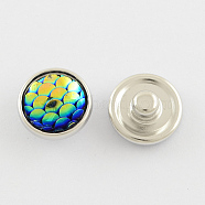 Platinum Metal Colour Brass Shiny Scaly Resin Flat Round Jewelry Snap Buttons, Lime Green, 12x6.5mm(SNAP-S006-05)