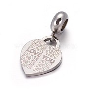 304 Stainless Steel European Dangle Charms, with Enamel, Large Hole Pendants, Heart with Word Love You, For Valentine's Day, Stainless Steel Color, Thistle, 27mm, Hole: 4.5mm, Pendant: 18x13x1.3mm(OPDL-L013-49A)