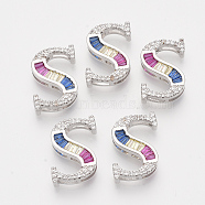 Brass Cubic Zirconia Slide Charms, Real Platinum Plated, Colorful, Letter, Letter.S, 18x13x4.5mm, Hole: 1x2.5mm and 1x6mm(ZIRC-S063-01S-P)