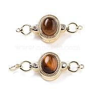 Brass Magnetic Clasps, with Natural Tiger Eye, Oval, Saddle Brown, Real 18K Gold Plated, 34x13.5x9.5mm, Hole: 1.1mm(KK-C066-10G-02)