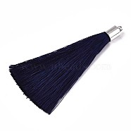Fiber Tassel Big Pendant Decorations, with Platinum Plated Brass Finding, Prussian Blue, 70~73x7~25mm, Hole: 1.8mm(FIND-R085-005)