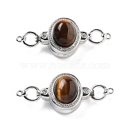 Brass Magnetic Clasps, with Natural Tiger Eye, Oval, Saddle Brown, Platinum, 34x13.5x9.5mm, Hole: 1.1mm(KK-C066-10P-02)