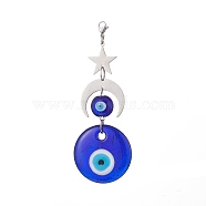 Handmade Evil Eye Lampwork Pendants Decorations, 201 Stainless Steel Moon Star and Lobster Claw Clasps Charms, Flat Round, 107mm(HJEW-JM01008-01)