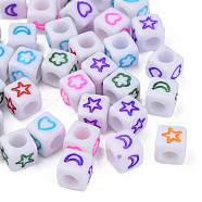Opaque Acrylic Beads, White Cube with Star & Moon & Heart & Flower, Mixed Color, 6x6x6mm, Hole: 3.5mm, about 2900~3000pcs/500g(MACR-N008-63)