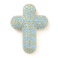 Brass Micro Pave Cubic Zirconia Pendants, Real 18K Gold Plated, Cross, Sky Blue, 29.5x22x8mm, Hole: 3.5x2mm(KK-Q821-01G)