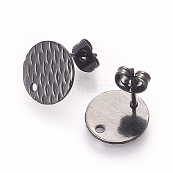 304 Stainless Steel Ear Stud Findings, Textured Flat Round with Pineapple Grain, Electrophoresis Black, 12mm, Hole: 1.2mm, Pin: 0.8mm(X-STAS-O119-16C-B)