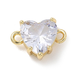Brass Glass Heart Links Connector Charms, Real 18K Gold Plated, Rack Plating, Long-Lasting Plated, Cadmium Free & Lead Free, Clear, 11x15.5x7.5mm, Hole: 1.6mm(KK-L268-016G-02)
