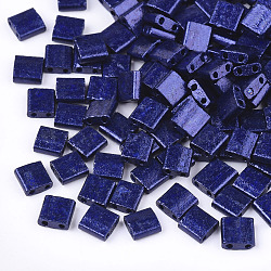 2-Hole Baking Paint Glass Seed Beads, Rectangle, Dark Blue, 5x4.5~5.5x2~2.5mm, Hole: 0.5~0.8mm(SEED-S023-17C-14)