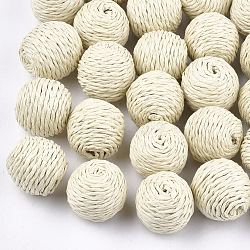 Handmade Woven Beads, Paper Imitation Raffia Covered with Wood, Round, Antique White, 21~23x20~22mm(WOVE-T006-148A)