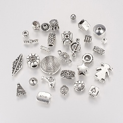 Tibetan Style Alloy Beads, Mixed Shapes, Antique Silver, 4~22x4~22x2~8mm, Hole: 1~5mm(PALLOY-XCP0005-03AS)