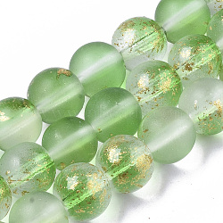 Frosted Spray Painted Glass Beads Strands, with Golden Foil, Round, Lime Green, 8~9mm, Hole: 1.2~1.5mm, about 46~56pcs/Strand, 14.37 inch~16.3 inch(36.5~41.4cm)(X-GLAA-N035-03C-C02)