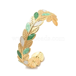 304 Stainless Steel Cuff Bangles for Women, with Enamel, Leaf , Golden, Inner Diameter: 2-1/2x2 inch(6.35x4.95cm)(BJEW-A023-02G)