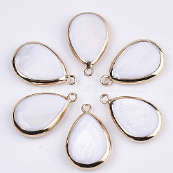 Natural Freshwater Shell Pendants, with Golden Plated Brass Open Back Settings, Teardrop, Seashell Color, 23x15x4mm, Hole: 1.8mm(X-SSHEL-R045-13)