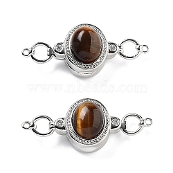 Brass Magnetic Clasps, with Natural Tiger Eye, Oval, Saddle Brown, Platinum, 34x13.5x9.5mm, Hole: 1.1mm(KK-C066-10P-02)