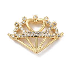 Rack Plating Brass Micro Pave Clear Cubic Zirconia Heart Crown Connector Charms, Long-Lasting Plated, Cadmium Free & Lead Free, Real 18K Gold Plated, 18x25x3.5mm, Hole: 0.8mm(KK-A234-060G)