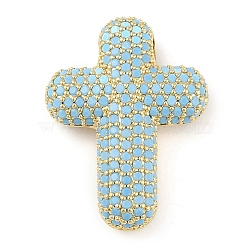 Brass Micro Pave Cubic Zirconia Pendants, Real 18K Gold Plated, Cross, Sky Blue, 29.5x22x8mm, Hole: 3.5x2mm(KK-Q821-01G)