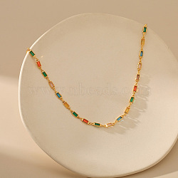 Special-interest Brass Pave Cubic Zirconia Rectangle Link Chain Necklaces for Women, Golden, Colorful, 15.35 inch(39cm)(FS-WG3A151-01)