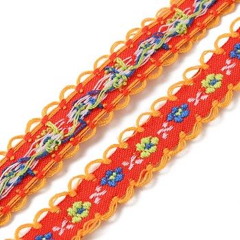 Ethnic Style Embroidery Polyester Ribbons, Jacquard Ribbon, Garment Accessories, Single Face Floral Pattern, Dark Orange, 3/8~1/2 inch(11~13mm), about 20 yards/card