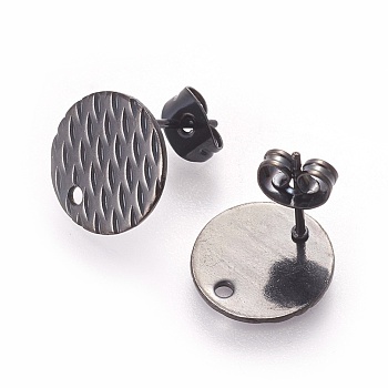 304 Stainless Steel Ear Stud Findings, Textured Flat Round with Pineapple Grain, Electrophoresis Black, 12mm, Hole: 1.2mm, Pin: 0.8mm