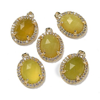 Natural Korean Jade Faceted Oval Pendants, Rack Plating Brass Micro Pave Cubic Zirconia Charms, Golden, 15.5x11x4.5mm, Hole: 1.4mm