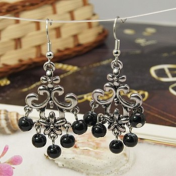 Tibetan Style Chandelier Earrings, Antique Dangling Earring, with Baking Painted Glass Beads and Brass Earring Hooks, Black, 60mm