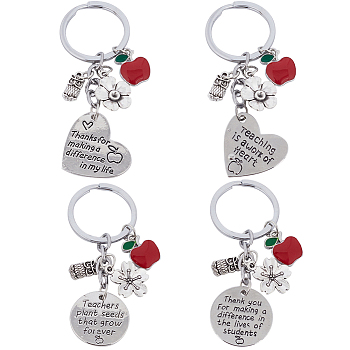 Gorgecraft 4Pcs 4 Style Teachers' Day Flat Round & Heart with Word Keychain, Apple & Flower & Owl Charm Jewelry Keychains, with Zinc Alloy Findings, Antique Silver, 7.9~8.3cm, 1pc/style