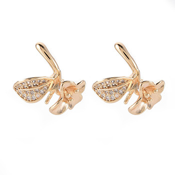 Brass Micro Pave Clear Cubic Zirconia Stud Earrings Findings, for Half Drilled Bead, Nickel Free, Flower, Real 18K Gold Plated, 16x14.5mm, Pin: 0.8mm, Pin: 0.8mm(for Hald Drilled Beads)