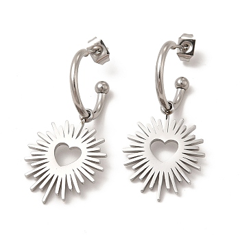 304 Stainless Steel Ring with Heart Dangle Stud Earrings, Half Hoop Earrings for Women, Stainless Steel Color, 32mm, Pin: 0.8mm