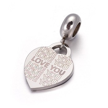304 Stainless Steel European Dangle Charms, with Enamel, Large Hole Pendants, Heart with Word Love You, For Valentine's Day, Stainless Steel Color, Thistle, 27mm, Hole: 4.5mm, Pendant: 18x13x1.3mm