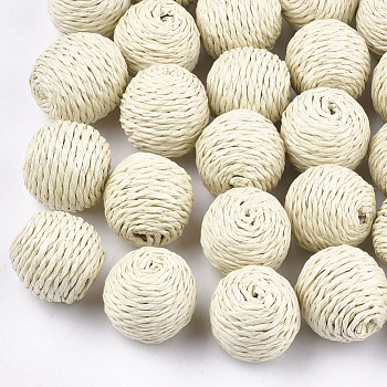 Handmade Woven Beads, Paper Imitation Raffia Covered with Wood, Round, Antique White, 21~23x20~22mm