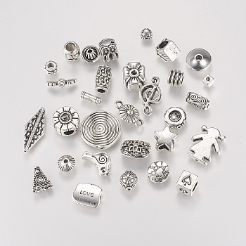 Tibetan Style Alloy Beads, Mixed Shapes, Antique Silver, 4~22x4~22x2~8mm, Hole: 1~5mm