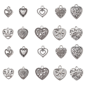 50Pcs 10 Style Tibetan Style Alloy Pendants, Heart Charm, Antique Silver, 13.5~20.5x10~17x1.5~4mm, Hole: 1.5~2mm, 5pcs/style