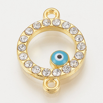 Alloy Rhinestone Links connectors, Cadmium Free & Lead Free, Ring with Evil Eye, Sky Blue, Golden, 19.5x14x2mm, Hole: 1mm