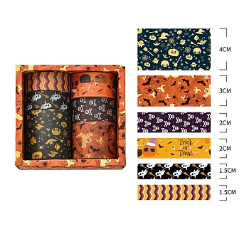 6 Rolls Halloween Theme Paper Decorative Paper Tapes Set, Adhesive Tapes, for DIY Scrapbooking Supplie Gift Decoration, Mixed Color, 15~40x0.2mm, 2m/roll