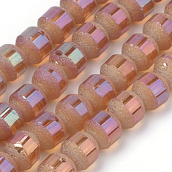 Electroplate Glass Bead Strands, Frosted, Rainbow Plated, Round, PeachPuff, 6~6.5mm, Hole: 1mm, about 100pcs/strand, 23.6 inch
