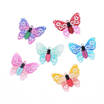 Printed Alloy Pendants, Cadmium Free & Lead Free, Hollow, Butterfly, Platinum, Mixed Color, 19x15.5x0.2mm, Hole: 1mm