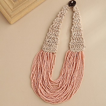 Bohemia Style Multi-strand Glass Seed Beaded Bib Necklaces for Women, Wax Cord Knitting Necklaces with Coconut Clasp, Misty Rose, 19.09 inch(48.5cm)