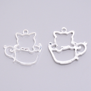 Alloy Open Back Bezel Pendants, for DIY UV Resin, Epoxy Resin, Pressed Flower Jewelry, Cadmium Free & Lead Free, Cat, Silver, 31x29x3mm, Hole: 2mm