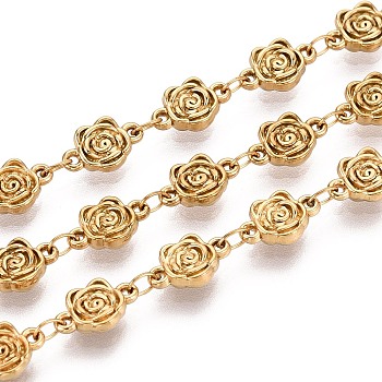 5M 304 Stainless Steel Flower Link Chains, Soldered, with Spool, Ion Plating(IP), Real 18K Gold Plated & Gunmetal, 9.5x6x2mm