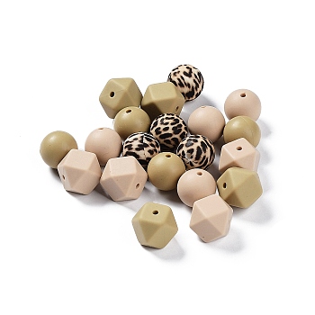 Round/Polygon Food Grade Silicone Focal Beads, Chewing Beads For Teethers, DIY Nursing Necklaces Making, Leopard Print Pattern, Dark Goldenrod, 14~15x15~18x14~15mm, Hole: 2.3~2.5mm, 20pcs/bag