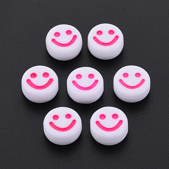 Opaque Acrylic Beads, with Enamel, Flat Round with Smile Face, Deep Pink, 10x5mm, Hole: 2mm, about 1450pcs/500g