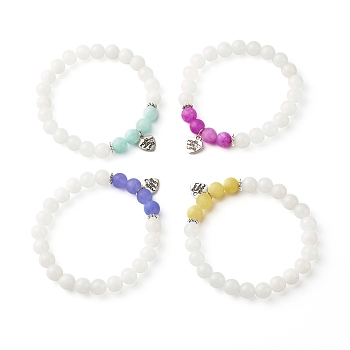 Dyed Natural White Jade(Dyed) Beads Bracelets for Women Gift, Made with Love Heart Charm Stretch Bracelets, Mixed Color, Inner Diameter: 2-1/8 inch(5.3cm)